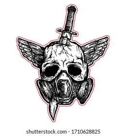 T-shirt print in tattoo style of skull in gas mask pierced with hunting knife. E-sport mascot of evil dead head. Skeleton in mask, sketch style