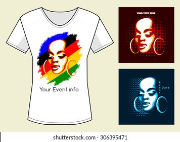 T-Shirt Print in three color variations. African Woman Face with samples of text. Only free font used. 