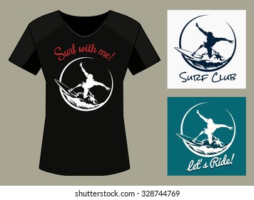 T-Shirt Print in three color variations. Surfer Club Print Design with samples of text. Only free font used. 