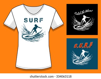 T-Shirt Print in three color variations. Surfing Print Design with samples of text. Only free font used. 