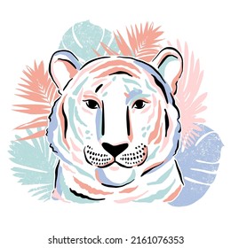 T-shirt Print with tiger and palm leaves. Fashion Vector illustration 
