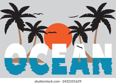 Impresión de la camiseta, tipografía, puesta del sol, vacaciones de verano. Pájaros frente al sol y palmeras camiseta impresión ilustración vectorial.