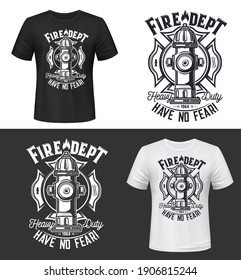 Tshirt print with water hydrant, vector apparel mockup for firefighters department. Fire rescue dept team emergency service black and white t shirt print design isolated monochrome label or emblem