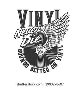 Tshirt print with winged vinyl disk for apparel design, vector t shirt monochrome print with typography rock and roll never die, isolated black grunge emblem or label with vinyl records or LP disc