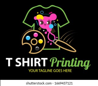 T-Shirt Printing cmyk palette Konzept auf schwarzem Hintergrund. Abstrakte, moderne Vektorillustration Logo-Vorlage für T-Shirt-Druck. Für Typografie, Druck, Corporate Identity, Workshop, etc. 