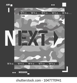 T-shirt printing design. Camouflage spring.Sport T-shi.Black and white