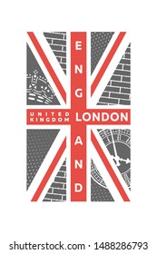 T-shirt Printing design. London, United kingdom flag, banner.