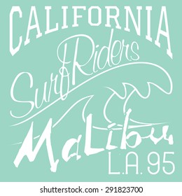 T-shirt Printing design, typography graphics Summer vector illustration Badge Applique Label California Malibu beach surf sign.