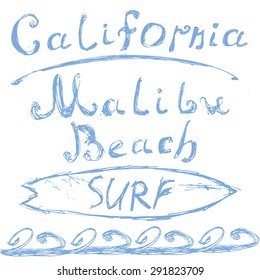 T-shirt Printing design, typography graphics Summer vector illustration Badge Applique Label California Malibu beach surf sign.