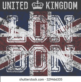  T-shirt Printing design, typography graphics, London United kingdom, grunge flag vector illustration Badge Applique Label.