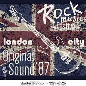  T-shirt Printing design, typography graphics, London Rock festival vector illustration with  grunge flag and hand drawn sketch guitar Badge Applique Label.