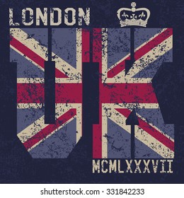  T-shirt Printing design, typography graphics, London United kingdom, grunge flag vector illustration Badge Applique Label.