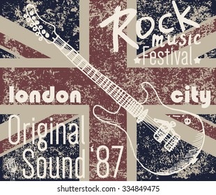  T-shirt Printing design, typography graphics, London Rock festival vector illustration with  grunge flag and hand drawn sketch guitar Badge Applique Label.