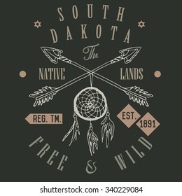 T-shirt Printing design, typography graphics, Free and wild the native lands vector illustration with dream catcher crossed arrows hand drawn sketch. Vintage retro style Badge Applique Label.