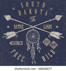 T-shirt Printing design, typography graphics, Free and wild the native lands vector illustration with dream catcher crossed arrows hand drawn sketch. Vintage retro style Badge Applique Label.