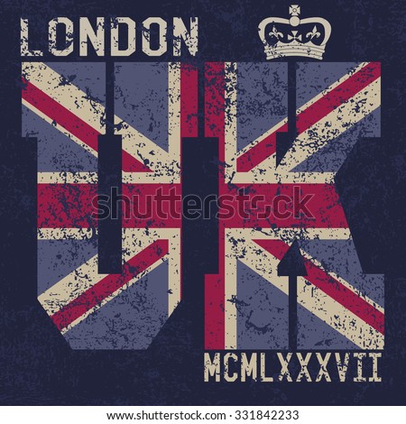  T-shirt Printing design, typography graphics, London United kingdom, grunge flag vector illustration Badge Applique Label.