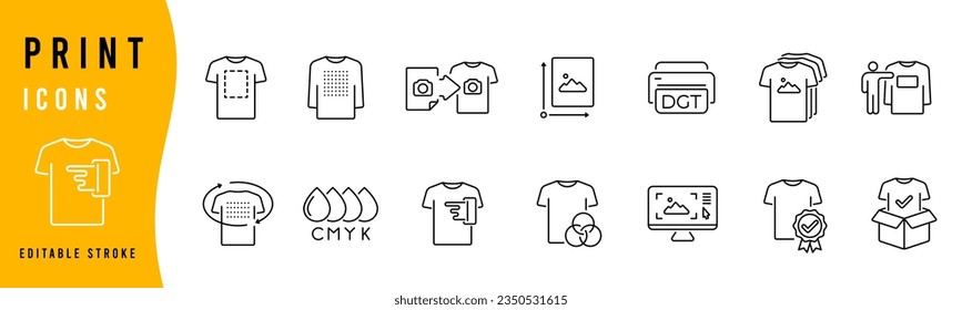 T-shirt printing icon set. Printer and t shirt elements. Printing on clothes linear icon illustration