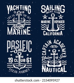 Tshirt prints with anchors and sea waves, apparel vector design. Armature labels with typography for sailing yacht club, pacific ocean journey, marine captain academy t shirt prints isolated set