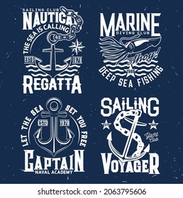 Impresiones de camisetas con anclas y calamares, emblemas vectores de crucero de regata con olas oceánicas y tipografía sobre fondo de grunge azul. Camisas de camisetas del equipo del club naval con viaje marino armatoico