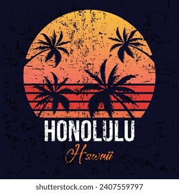 Tshirt prints, apparel layouts, clothing templates in 80's retro vintage style with palms, sunset and birds, symbols of Honolulu
