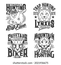 Tshirt Prints With Cheetah, Cougar Puma, Rhino, Mountain Lion And Lynx Heads. Vector Mascots For Hunting And Biker Club Apparel Design. T Shirt Emblems With Roar Wild Cat Animals And Typography Set