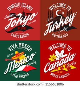 T-shirt prints with city landmark. Canada sign with maple leaf and turkey banner with muslim mosque, Tokyo pagoda and Mexican hat with sombrero. Branding and tourism advertising theme