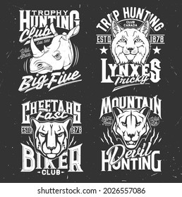 Tshirt Prints With Cougar Puma, Cheetah, Rhino, Mountain Lion And Lynx Heads. Vector Mascots For Hunting And Biker Club Apparel Design. T Shirt Emblems With Roar Wild Cat Animals And Typography Set