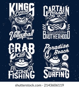 Tshirt prints with crabs, vector mascots for apparel design. Isolated labels with funny crab characters and typography for volleyball sports team, surfing or fishing club t shirt prints or emblems set