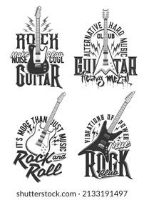 Tshirt prints with electric guitars, vector emblems for hard rock music club or band apparel design. T shirt monochrome prints with typography for musical festival isolated labels with amp and flashes