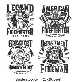 Tshirt prints with firefighter and equipment gas mask, glasses and helmet with ax. Vector emblems for apparel design. Fire department rescue team emergency service black and white t shirt labels set