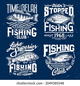 Tshirt prints with fish sea bass, bream, carp and crucian on sea waves. Sketch vector mascots for fishing club, marine fishes emblems for t shirt. Ocean sport team grunge prints for apparel design set