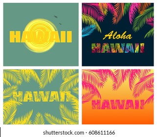 T-shirt prints with Hawaii lettering and palm leaves