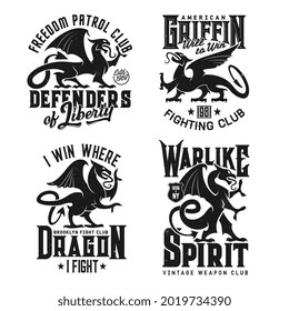 Tshirt prints with heraldic griffins, vector mascot for fighting club. Fantasy Griffon, dragon, lion and eagle creatures. Mythical animals silhouettes and typography, isolated grunge labels, signs set