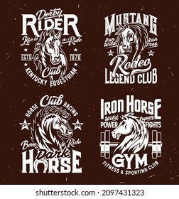 Tshirt Prints With Horse Stallion Heads, Equestrian Sport, Racing And Fitness Club Vector Mascots. Mare Animal, Horse And Typography On Brown Grunge Background. Bronco Sports Team T Shirt Prints Set