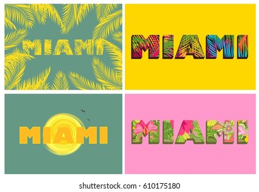 Impressões de camiseta com letras de Miami e folhas de palma