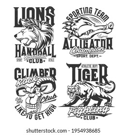 T-shirt Prints With Mountain Goat, Alligator, Lion And Tiger Vector Mascots. Heads Of Grin And Roar Wild Animals For Fighting And Sport Club Symbols. Apparel Rock Climber And Handball Team Design