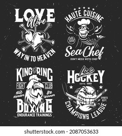 Tshirt prints with pierced heart, lobster in toque, angry cock and fish with hockey stick in mouth. Vector mascots for apparel design. Isolated labels with typography. Monochrome t shirt prints set