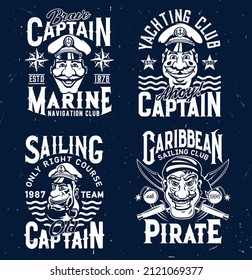 Tshirt prints with pirate and captains, vector mascots for apparel design. Isolated labels with nautical characters and typography for sailing or marine navigation club, t shirt prints or emblem set