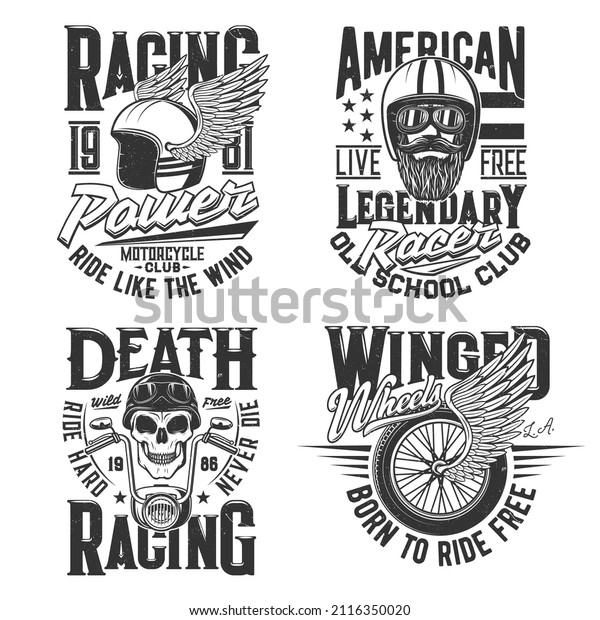 Tshirt prints for rally or racing club and\
motorsport championship apparel design. Vector mascots, t shirt\
prints with racer winged helmet, skull, wheel and bearded biker\
race monochrome retro\
symbols