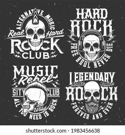 Tshirt prints with skull vector mascot for rock music band apparel design. T shirt prints with typography, cranium with beard and and punk hairstyle, headset isolated emblems for heavy metal festival