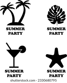 T-shirt prints Summer party, vector. Lettering prints Summer party black, palm tree, palm leaf, starfish, cocktail. Can be used as a print for t-shirts, logo, design element.