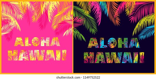 T-shirt prints variation with Aloha Hawaii lettering and coconut palm leaves on pink and black background