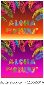T-shirt prints variation with Aloha Hawaii lettering with colorful palm leaves on tropical dark night background