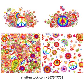 T-shirt prints and wallpaper with hippie symbolic and colorful abstract flowers