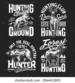 Tshirt prints with wild sketch animals vector bear, moose, mountain goat and deer trophy. Hunter club mascots for apparel design. Isolated t shirt prints or emblems, retro labels with typography set