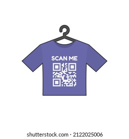 T-Shirt and QR code with lettering 'SCAN ME' in dialog box flat vector design isolated on white background.