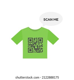 T-Shirt and QR code with lettering 'SCAN ME' in dialog box flat vector design isolated on white background.