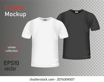 T-shirt realistic collection. White and black Mockup. Vector template. Blank for Men's or women's fashion design. Front view. EPS10. 