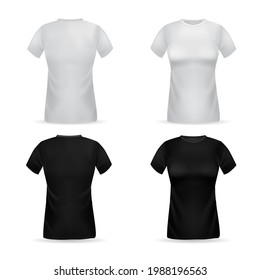 T-shirt. Realistic female top garment. 3D black or white women clothes. Front and back view of cotton sportswear with short sleeves. Clothing mockup for branding. Vector casual outfit