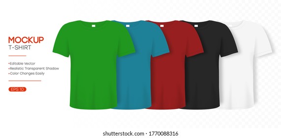 Camisetas realistas burlándose en diferentes colores. 3d plantilla de camiseta con manga corta. Mockup editable básico en vista frontal con sombra para presentación, publicidad o tienda online. Vector.